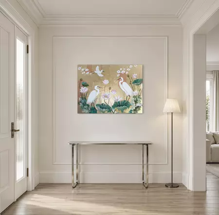 White Egrets on Gold Leaf — shown hanging