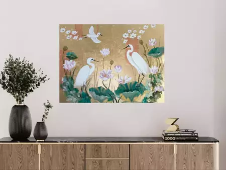 White Egrets on Gold Leaf — shown in a room setting