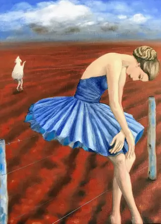A ballerina sitting on the fence with a sheep dancing in the background to bring the rain.