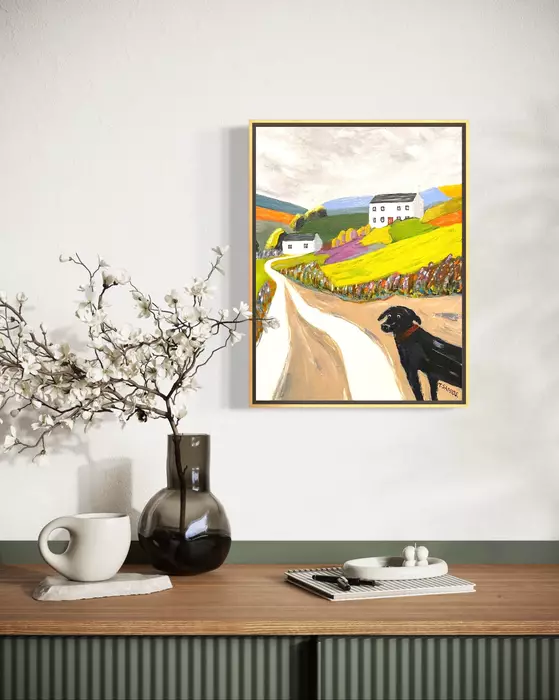 Cottages & Rex the dog by Tracey Samios
