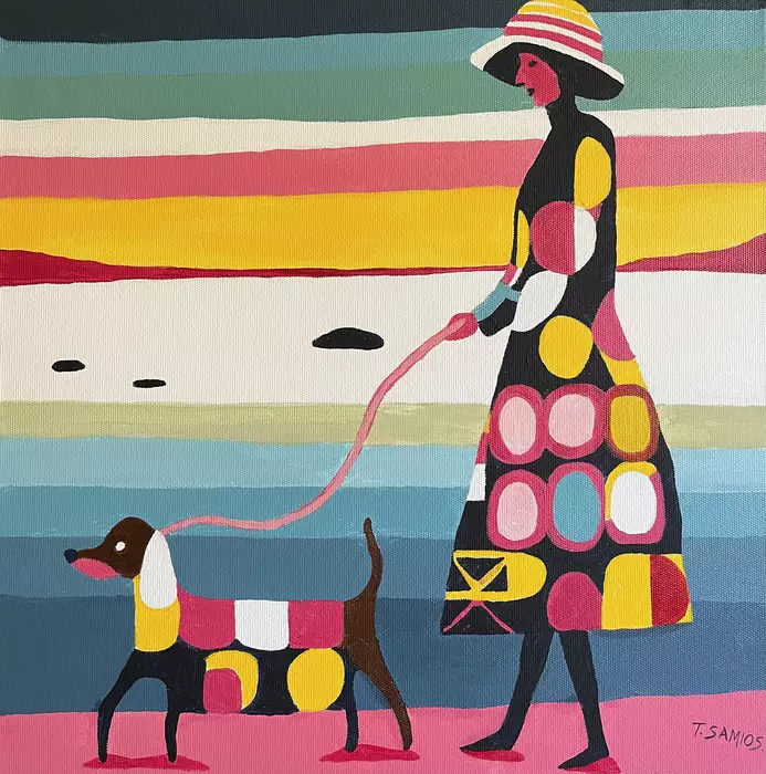 Lady in colourful dress walking dog by Tracey Samios