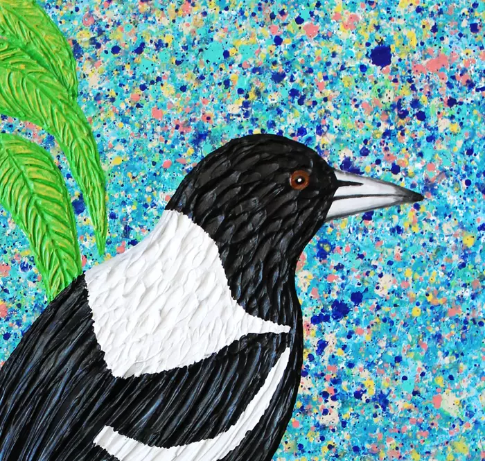 Magpie in the Garden textured impasto abstract by Miranda Lloyd