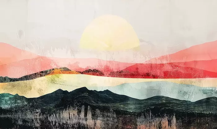 Grunge Landscape Pink Yellow Giant Sun Rising Future World Collagraph ...