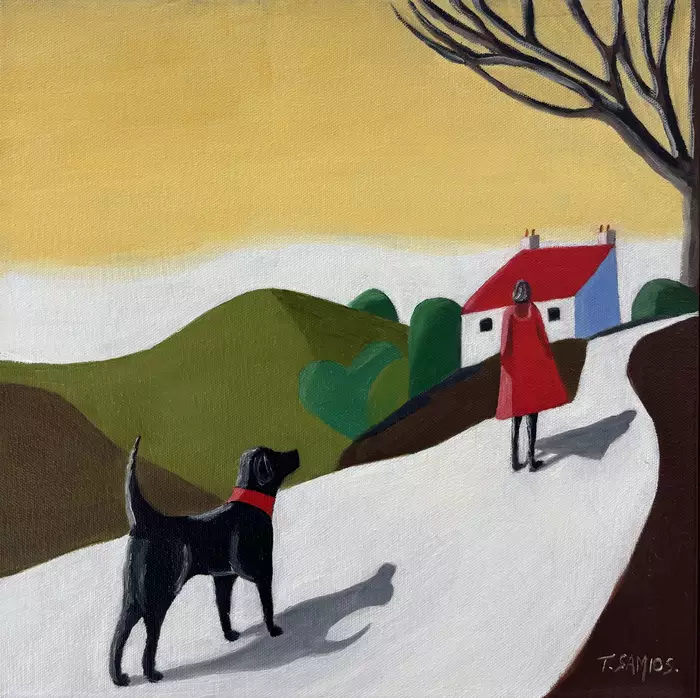 Lady in Red Coat and Black Dog Yellow Sky by Tracey Samios
