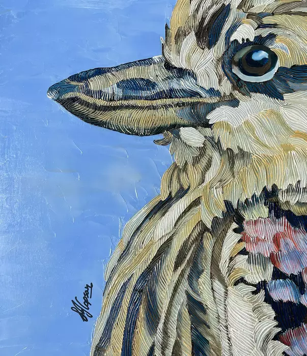Baby Kookaburra with Blue background by Sarah Copson