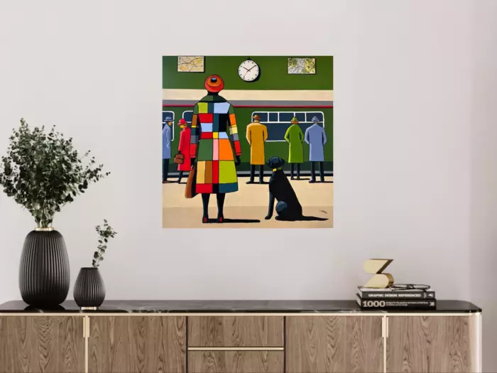 Lady and Black Dog with people at train station by Tracey Samios