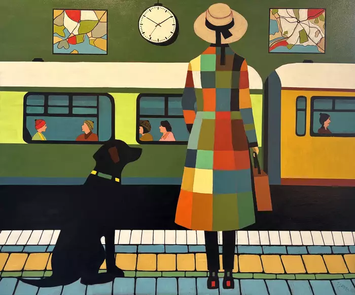 Lady in colourful jacket with black dog at station and people on train ...