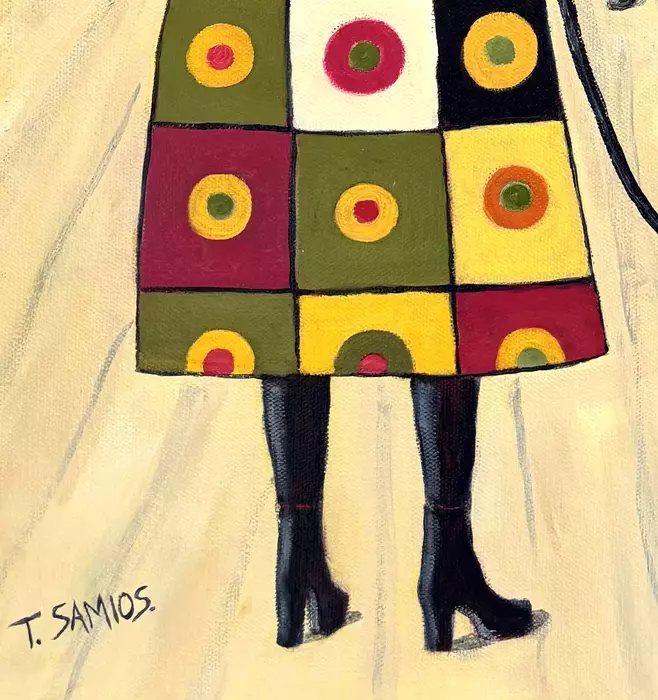 Lady in Circles Coat with a Black Dog at Train Station by Tracey Samios