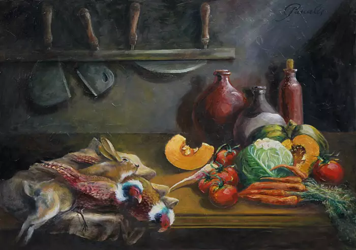 Rabbit and Pheasant Dutch Kitchen by George Pascalis