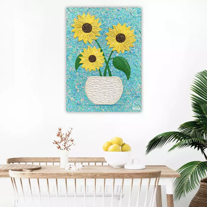 Sunflowers in a Vase textured thick paint impasto by Miranda Lloyd